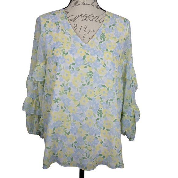 Calvin Klein | Floral V Neck Ruffled Sleeves Chiffon Blouse Yellow Blue | Size S - Picture 2 of 10